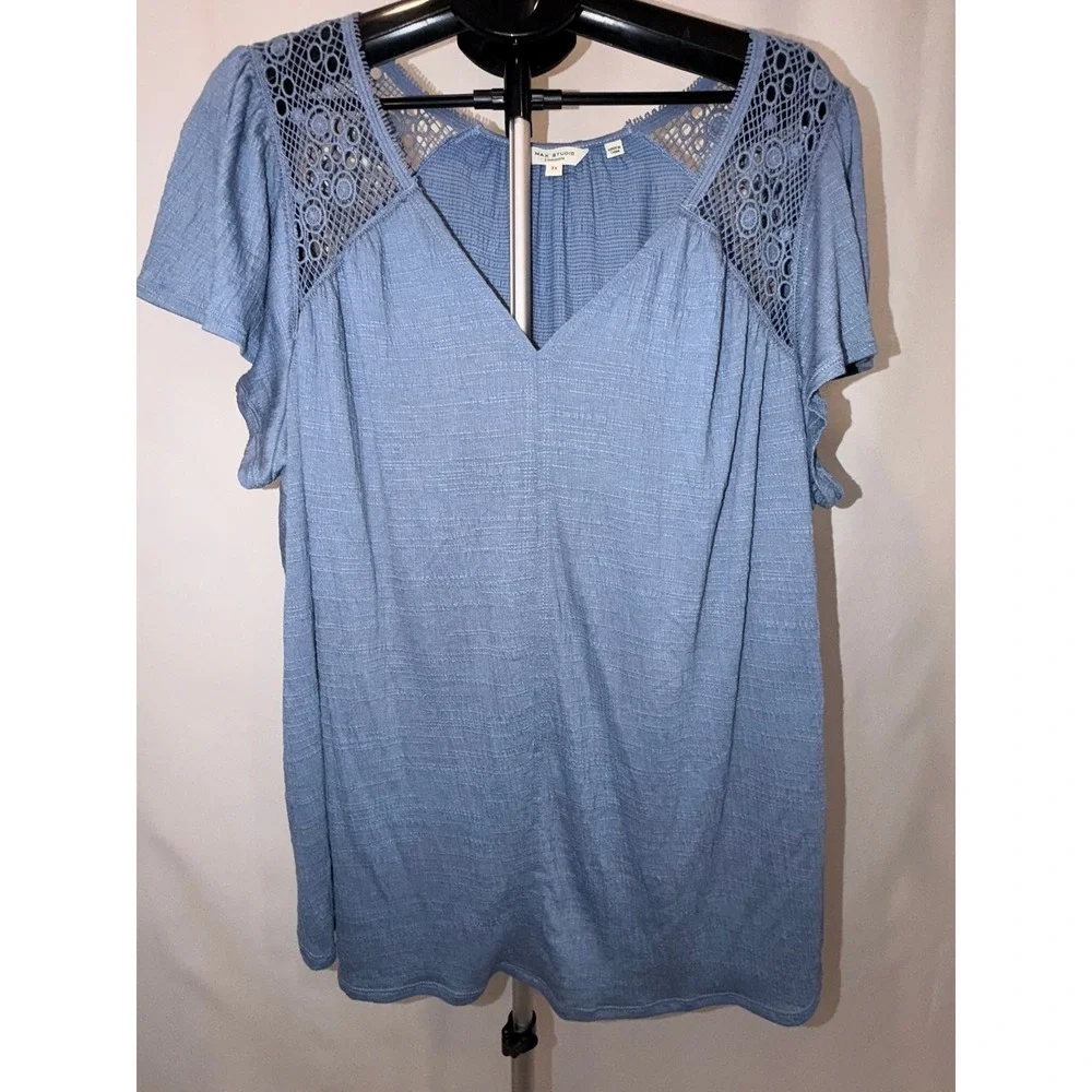 Max Studio London V-Neck Crochet Lace Blue Top Women 3X